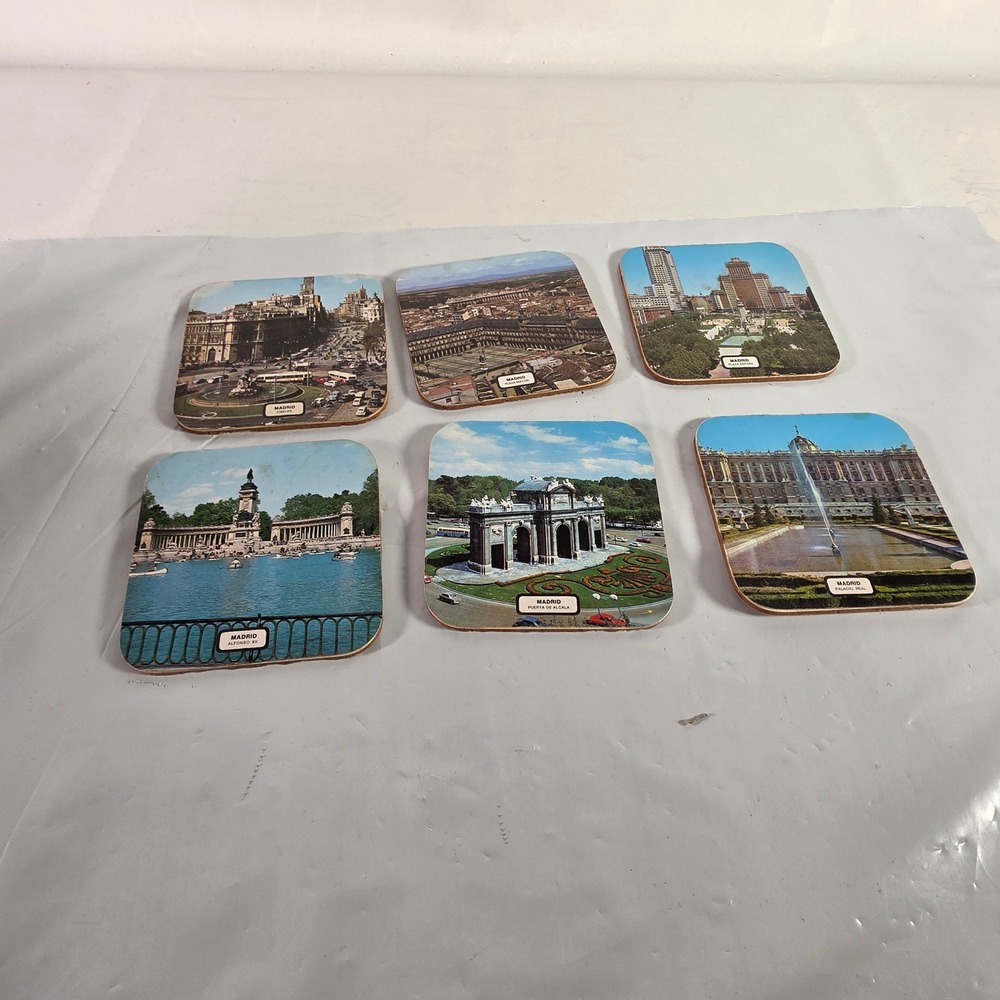 Vintage Madrid Spain Souvenir Cork Coasters Set of 6 Landmarks